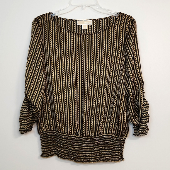 🔥FINAL💲⬇️MICHAEL Michael Kors Black/Gold Chain Print Smocked Top, Size M ~ EUC - Picture 1 of 7